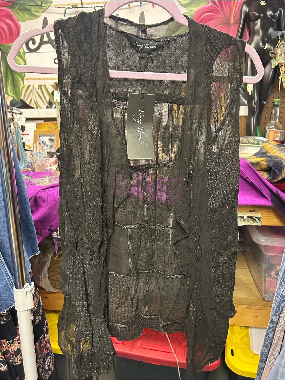 NWT Young Threads Black Sheer Textured Patchwork Sleeveless Vest Open Front M